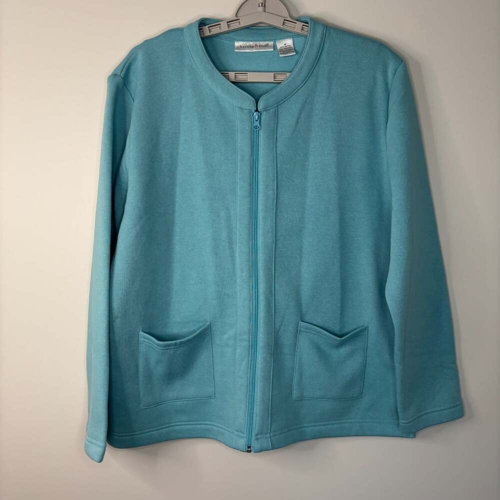 Hasting & Smith NEW long sleeve mock neck full zip cardigan jacket women M blue